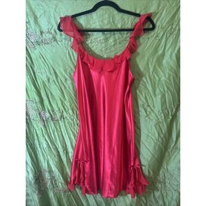 Morgan Taylor Intimates Slip Dress Red Satin Sheer Ruffles Bows Size Medium NWOT
